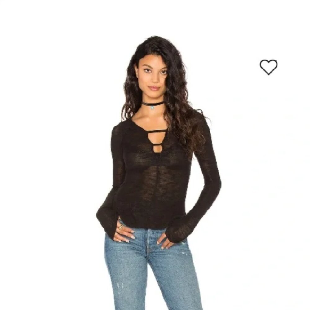 Free People Black Bae Bae Top Sheer Mesh Layering Shirt L